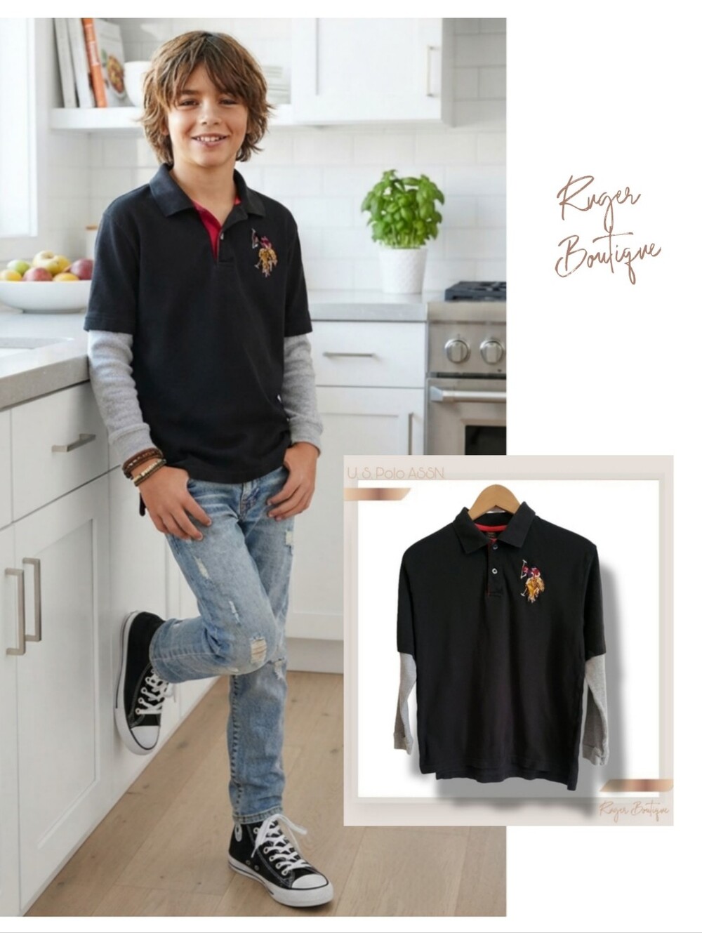 🌿U.S. Polo Assn. Boys 14/16 Black Polo Long Sleeve Layered Look #3 Crest